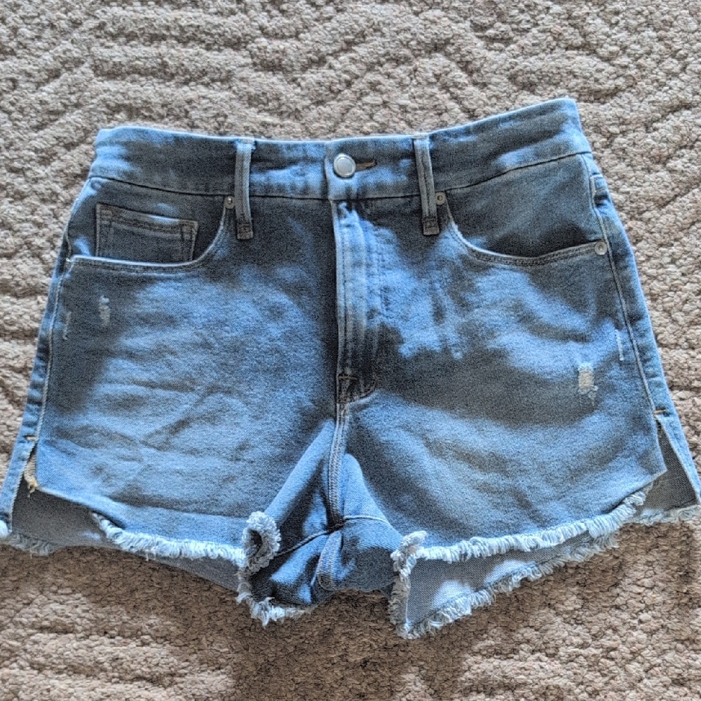 Good American Blue Jean Shorts with Frayed Hem